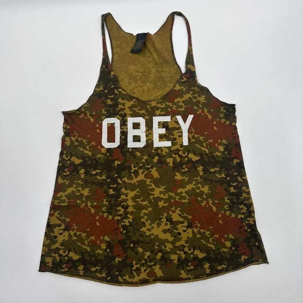 Obey Camoflouge Tank Top Womens M Lightweight Racer Back Green Brown Logo - Picture 1 of 6